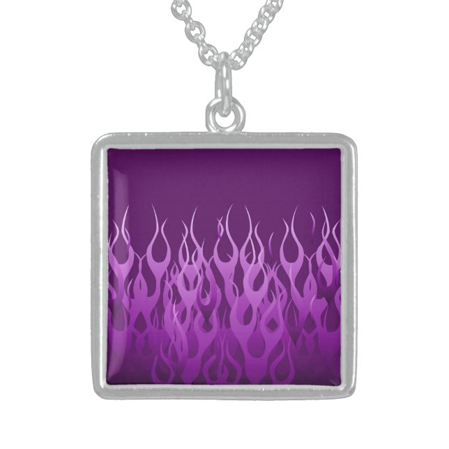 Cool Purple Racing Flames Graphic Sterling Silver Necklace (Front)