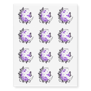 Cool Purple Roses Crescent Moon & Butterfly Temporary Tattoos