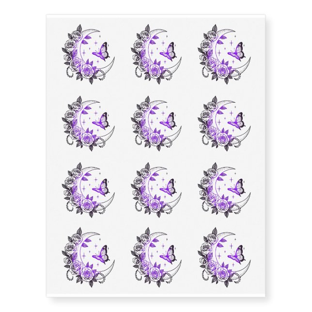 Cool Purple  Roses Crescent Moon & Butterfly  Temporary Tattoos (Front)