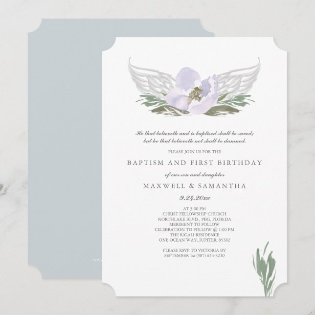Cool Purple Watercolor Florals Angel Wings Baptism Invitation (Front/Back)