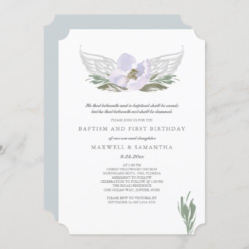 Cool Purple Watercolor Florals Angel Wings Baptism Invitation