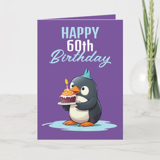 Cool Purple & White Penguin Husband 60th Birthday Card (Front)