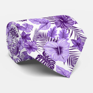 Cool purple white tropical floral neck tie
