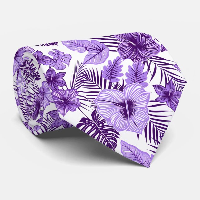 Cool purple white tropical floral neck tie (Rolled)