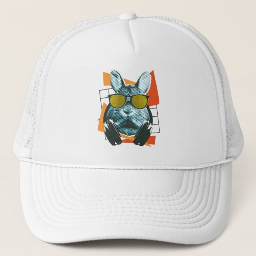 Cool rabbit with sunglasses and headphones trucker hat