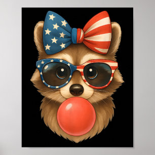 Cool Raccoon Bubble Gum Usa Flag Patriotic 4th Of  Poster