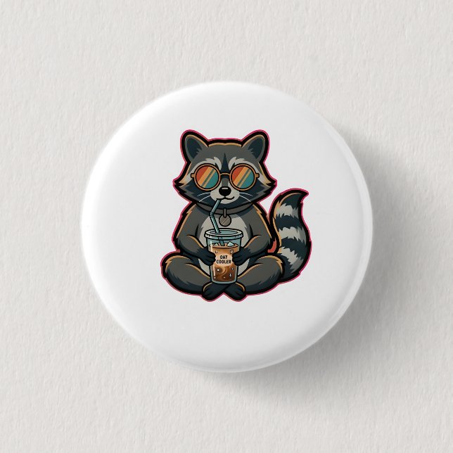 Cool Raccoon Drinking Oat Milk Iced Coffee Button (Front)