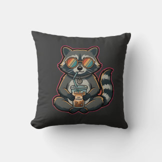 Cool Raccoon Drinking Oat Milk Iced Coffee Throw Pillow