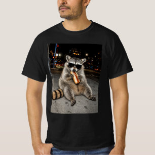 Cool Raccoon Eating Hot Dog City Night T-Shirt