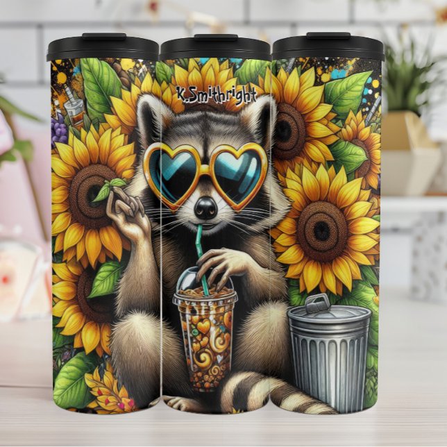 Cool Raccoon with Iced Coffee and Sunflowers Thermal Tumbler (Creator Uploaded)