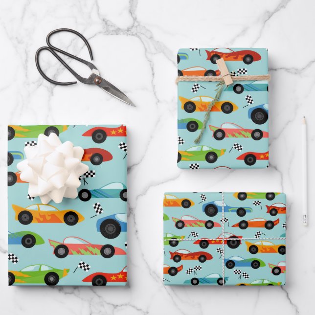 Cool Race Cars Kids Birthday Wrapping Paper Sheets (Front)