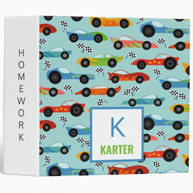 Cool Race Cars Personalized Kids 3 Ring Binder (Front/Spine)