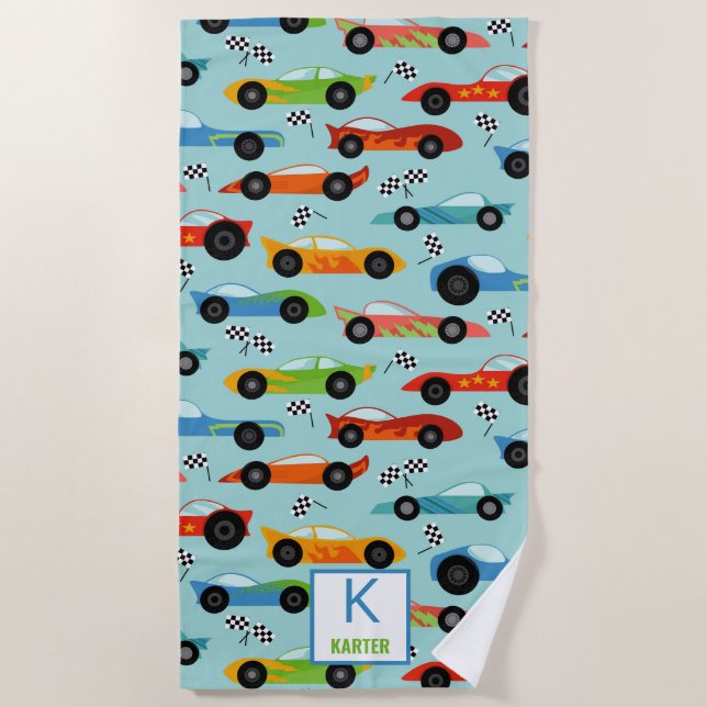 Cool Race Cars Personalized Kids Beach Towel (Front)