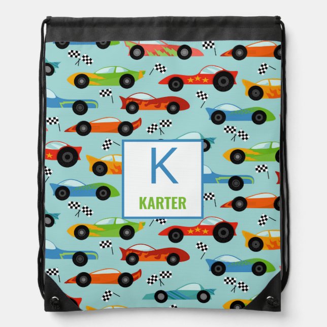 Cool Race Cars Personalized Kids Drawstring Bag (Front)