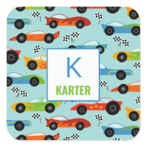 Cool Race Cars Personalized Kids School Daycare Square Sticker