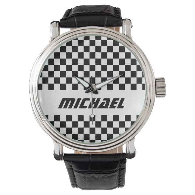 Cool Racing Black and White Checker Flag Name Watch (Front)