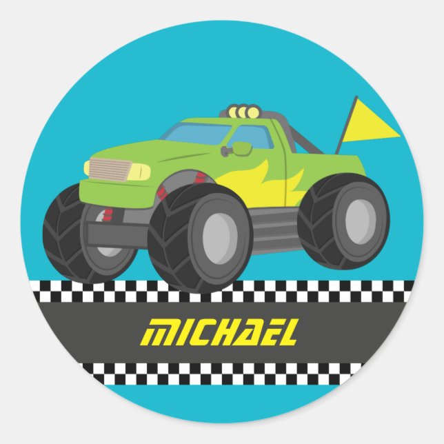 Cool Racing Green Monster Truck for Racer Boys Classic Round Sticker (Front)