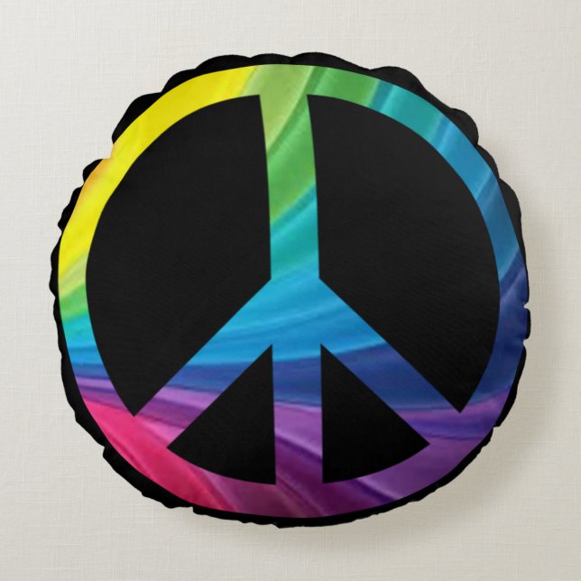 Cool Rainbow Colors Peace On Black Round Pillow (Front)