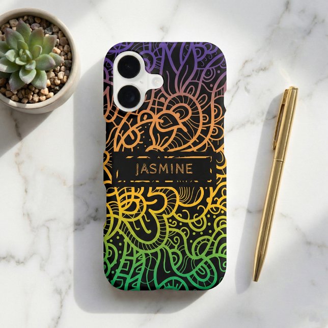 Cool Rainbow Doodle Line Art Black with Name iPhone Case (Creator Uploaded)