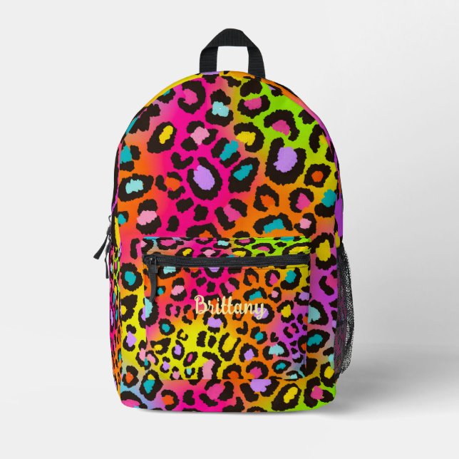 Cool Rainbow Leopard Print Girl School Backpack (Front)