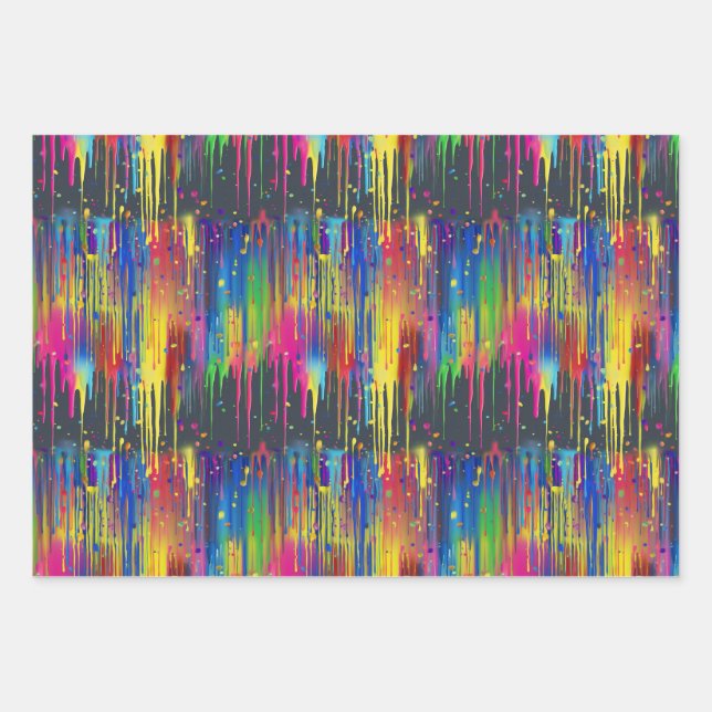 Cool Rainbow Party Paint Drip Repeating Pattern Wrapping Paper Sheets (Front)