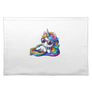 Cool Rainbow Unicorn with Sunglasses Relaxing Long Cloth Placemat