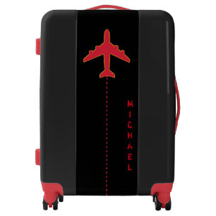 cool red airplane on black luggage with name