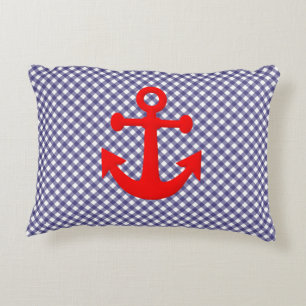 Cool Red Anchor on Checkered gingham Pattern Accent Pillow