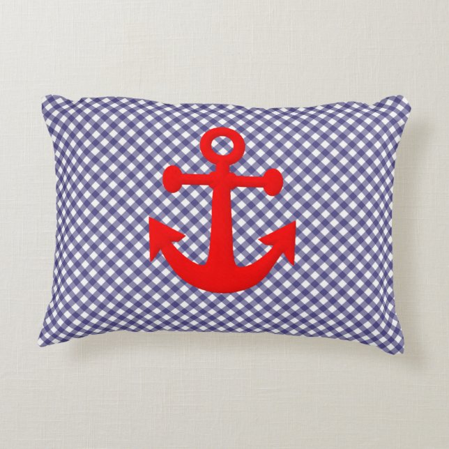 Cool Red Anchor on Checkered gingham Pattern Accent Pillow (Back)