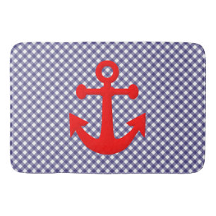 Cool Red Anchor on Checkered gingham Pattern Bath Mat