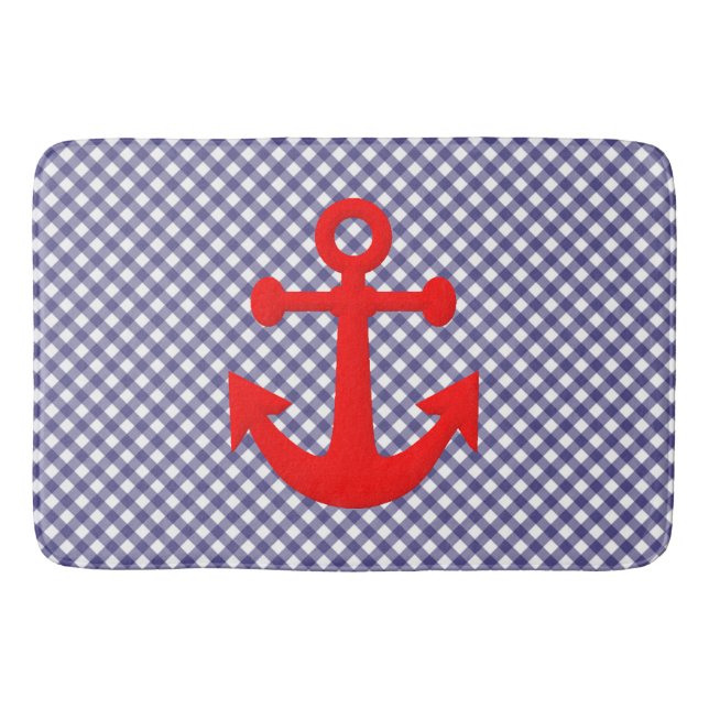 Cool Red Anchor on Checkered gingham Pattern Bath Mat (Front)