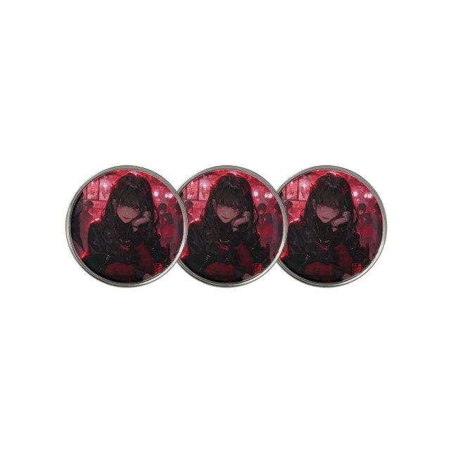 Cool Red and Black Flirty Vampire Anime Girl Night Golf Ball Marker (3 Up)