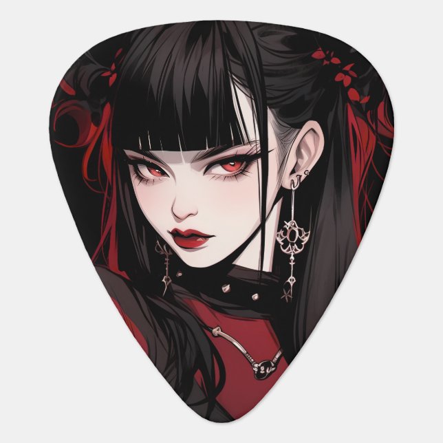 Cool Red and Black Goth Aesthetic Anime Girl Guitar Pick (Front)