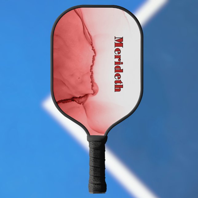 Cool Red and White Faux Alcohol Ink Pour Monogram Pickleball Paddle (Creator Uploaded)