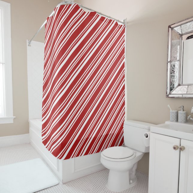 Cool Red and White Peppermint Candy Stripe Shower Curtain (In Situ)