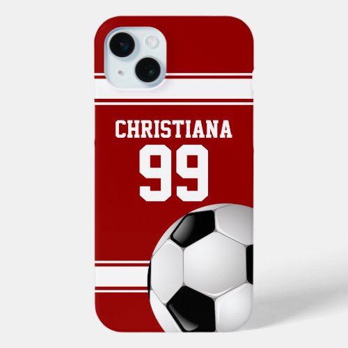Cool Red and White Stripes Jersey Soccer Ball iPhone 15 Plus Case