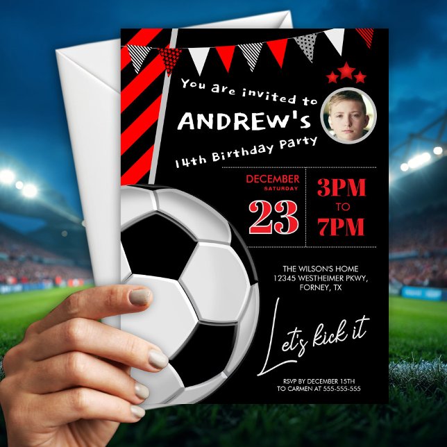 Cool Red black Soccer Birthday Party Invitation (Creator Uploaded)