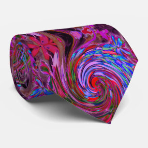 Cool Red, Blue and Pink Abstract Floral Swirl Neck Tie