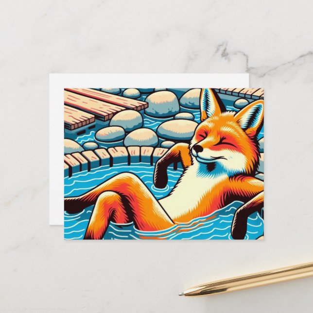 Cool Red Fox in a Hotspring Pool Postcard (Front/Back In Situ)