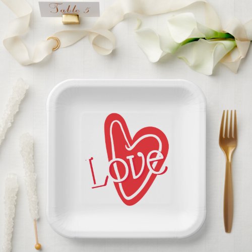 Cool Red Heart With LOVE Paper Plates