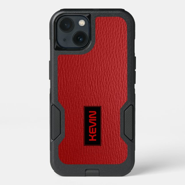 Cool Red Leather Texture Black Accent & Monogram Otterbox iPhone Case (Back)