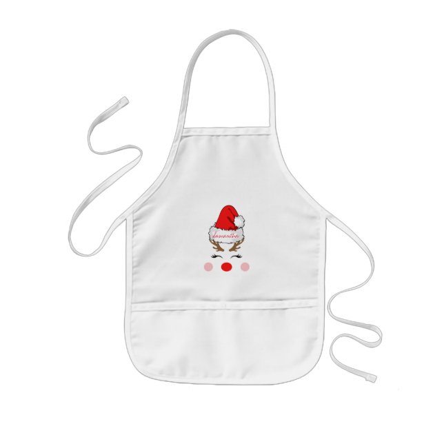 Cool Red Nose Reindeer Santa's Hat Name Kids' Apron (Front)