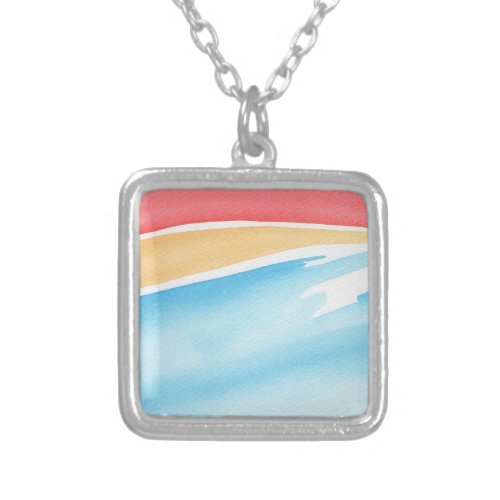 Cool Red Orange and Blue Watercolor Strokes Silver Plated Necklace