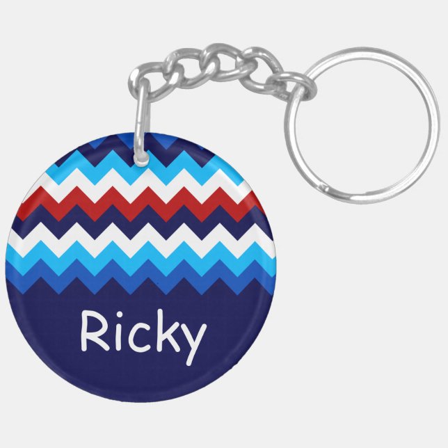 Cool Red White Blue Chevron Custom Circle Keychain (Back Left)