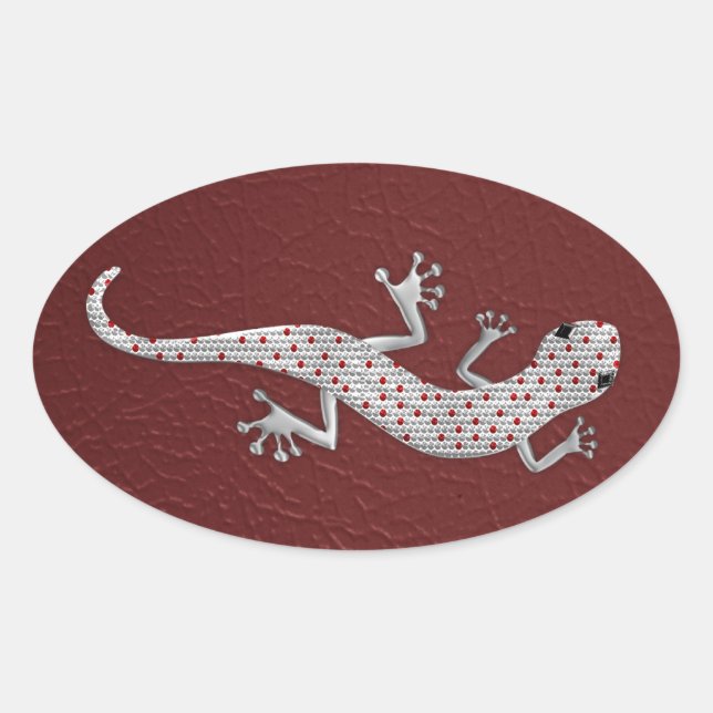 Cool red white dots lizard silver metal effects oval sticker (Front)