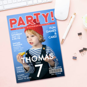 Cool Red White Magazine Cover Kids Celebrity Photo Invitation