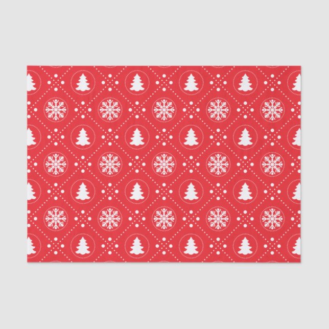 Cool Red White Snowflakes Christmas Trees Pattern Tissue Paper (Front)