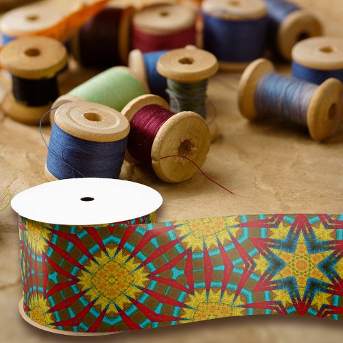 Cool Red Yellow Teal Retro Geometric Ethnic Tribal Satin Ribbon