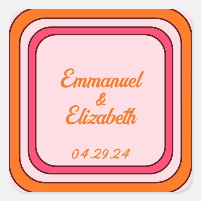 Cool Retro 70s Pink & Orange Wedding Square Sticker (Front)