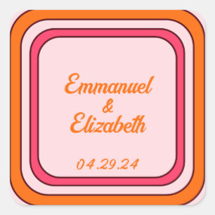 Cool Retro 70s Pink & Orange Wedding Square Sticker